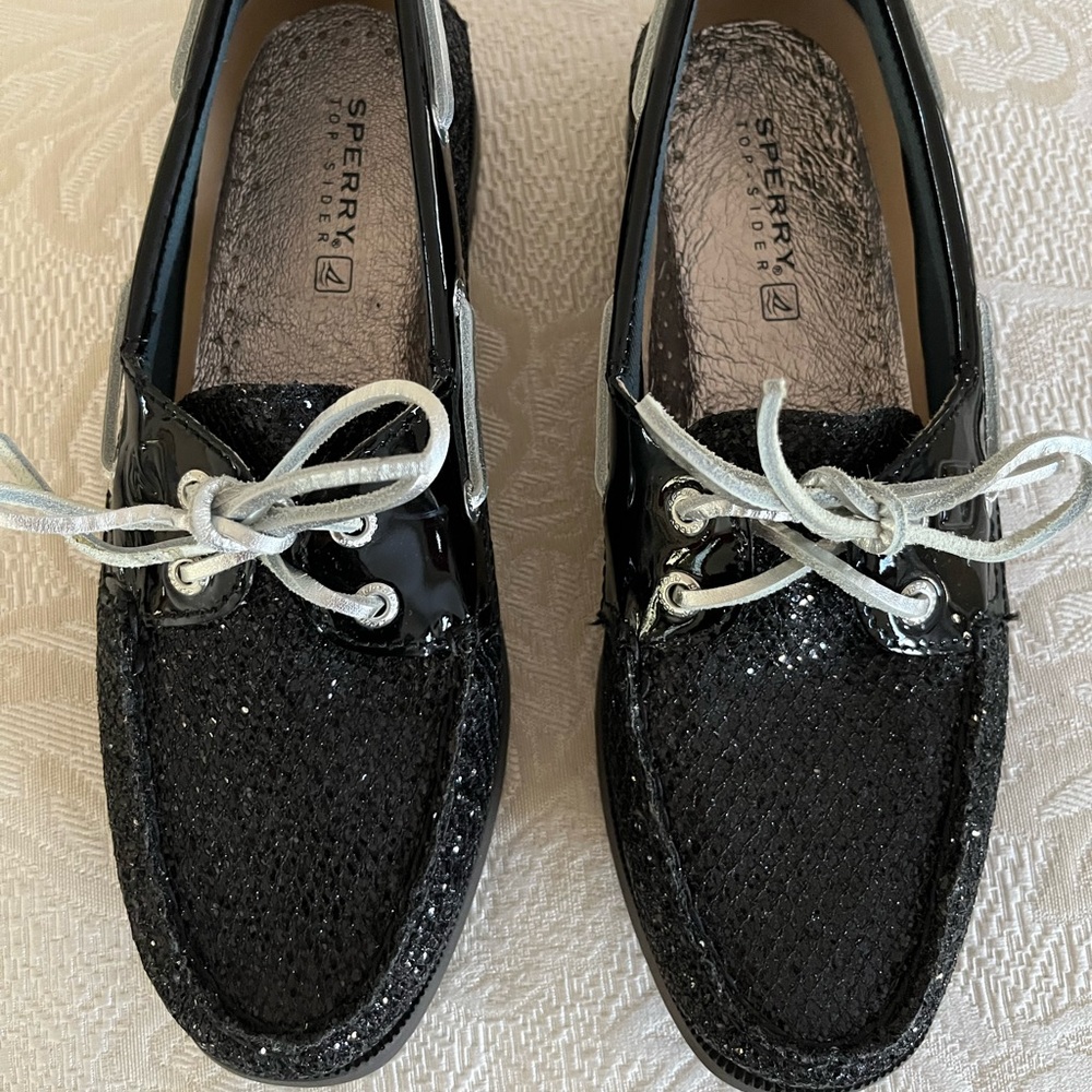 New Sperry Top-Siders, Glittery, Patent  Leather and Silver Leather Laces.  NWOT